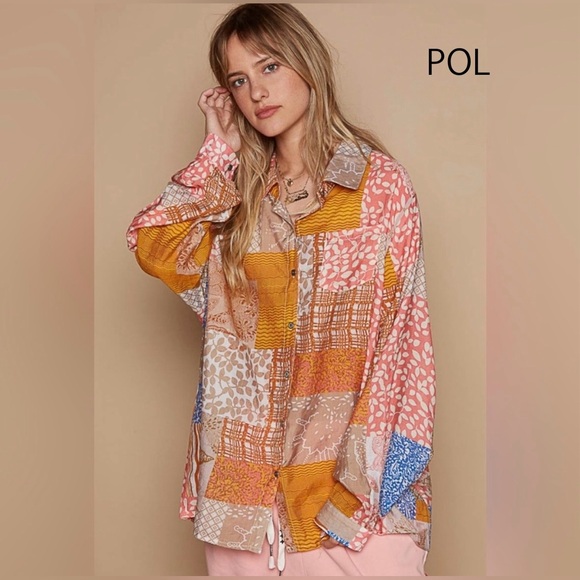 Closeout!▪️NWT POL Oversized Patchwork Cotton Button Down in Blue Pink/Multi - Picture 1 of 5